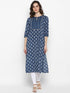 Janasya Women's Blue Cotton Block Print Kurta